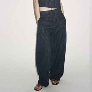 ZARA ZW Collection Balloon Navy Pinstripe Linen Trouser Pants NWOT Women's M
